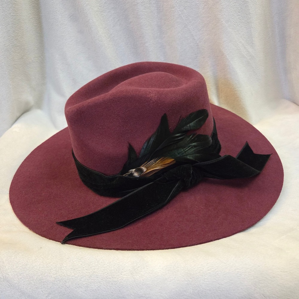 Rockin' C Danielle Burgundy Wool Felt Wide Brim Hat Velvet Ribbon Feathers L